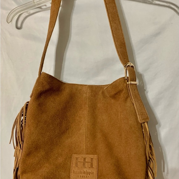 Haute Hippie Tan Suede Fringe Bag Shoulder Bag 12”x11” Boho - Picture 10 of 11